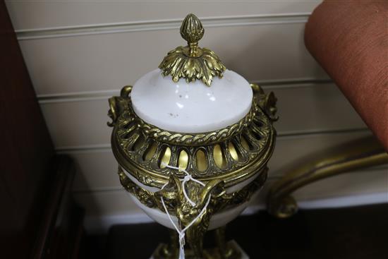 A pair of Louis XVI style white marble and gilt metal cassolettes, height 44.5cm